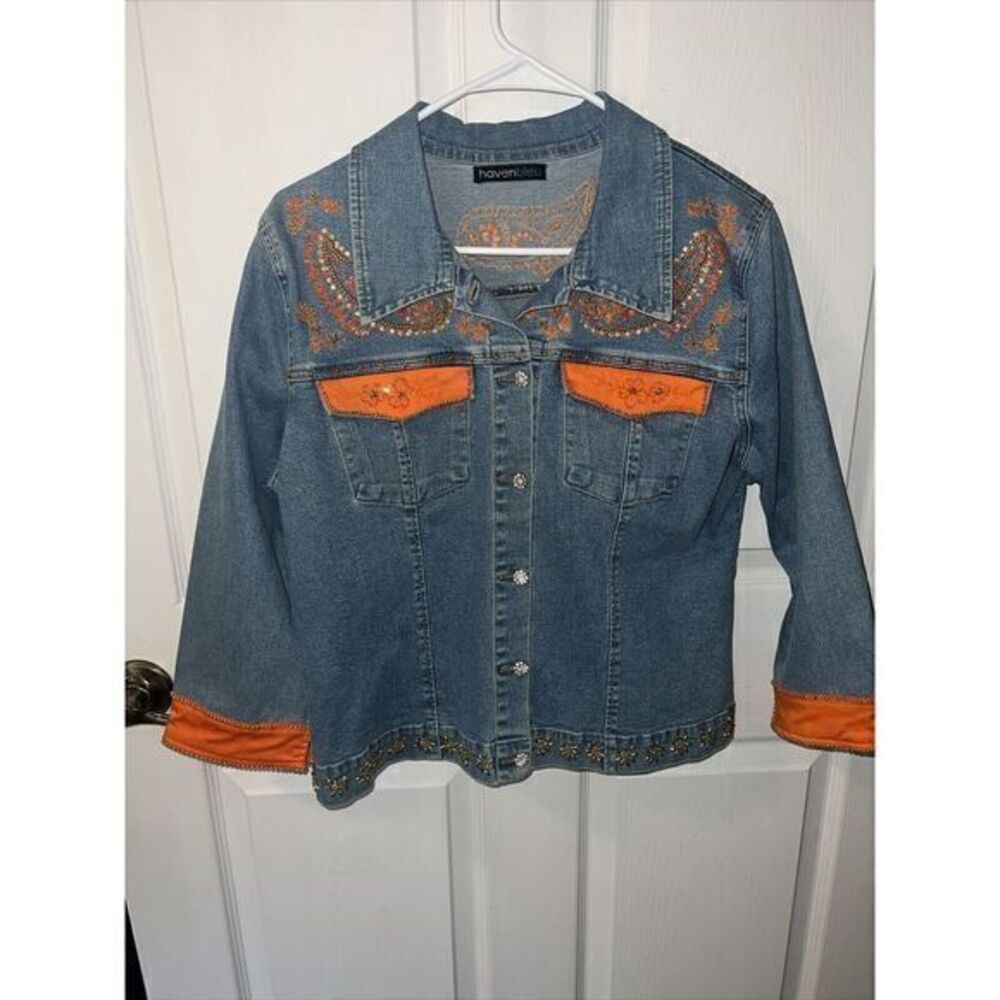 Haven‎ Bleu Women's BOHO Denim Sequin Beaded Button Up Jacket in Size Large